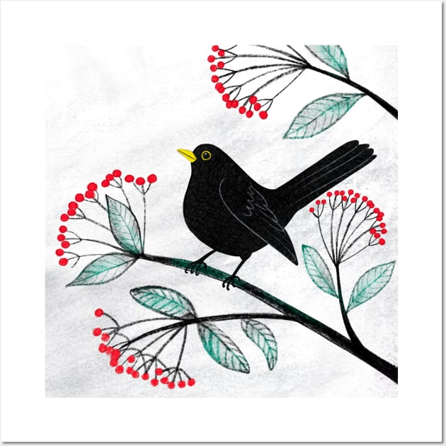 Blackbird in the Snow - Traditional Christmas scene by Cecca Designs Wall Art by Cecca